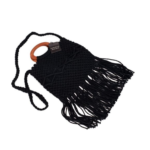 NWT Danielle Nicole Black Macramé Fringe Boho Crossbody Shoulder Bag Satchel - Picture 6 of 13